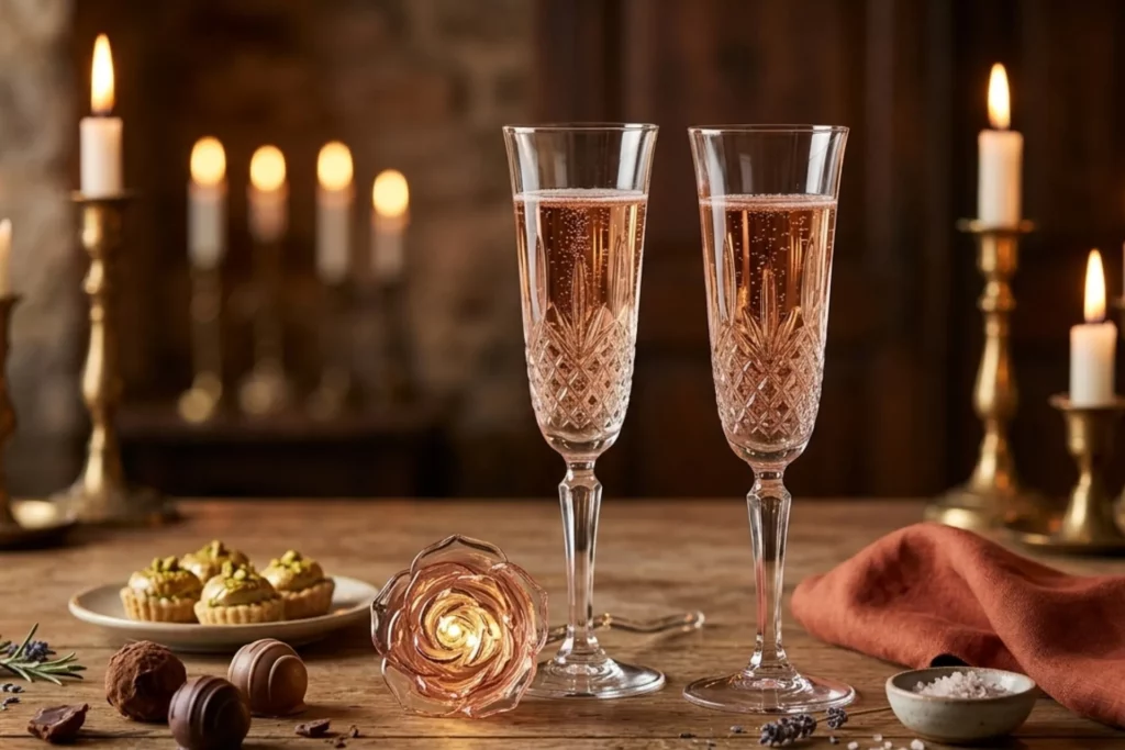 Due calici di bollicine per un brindisi romantico a lume di candela per la cena di San Valentino presso l'Osteria I 2 Baséj.