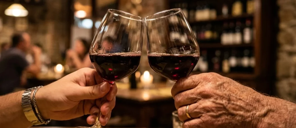Primo piano di un brindisi con calici di vino rosso tra padre e figlio all'interno dell'Osteria i 2 Baséj a Basiglio.