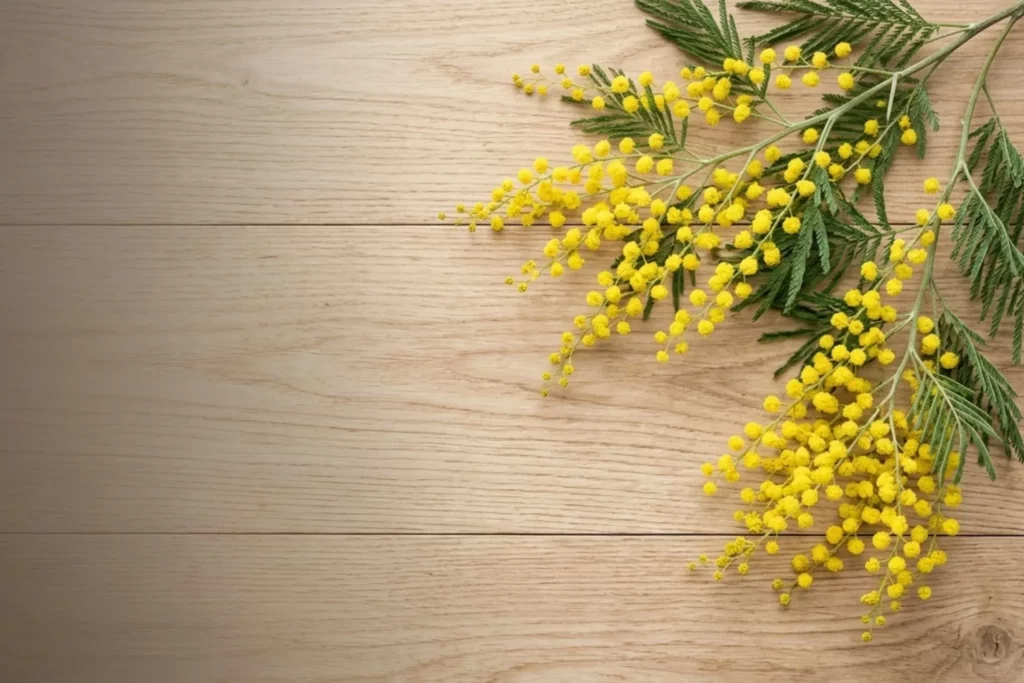 Slide promozionale 8 Marzo Osteria I 2 Baséj a Basiglio: omaggio alla forza, eleganza e dolcezza delle donne con ramo di mimosa su sfondo legno.